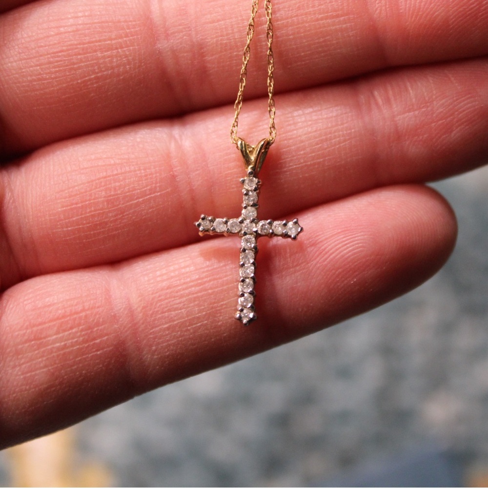 Girl’s 14k Gold Diamond Cross Necklace With 16” Chain